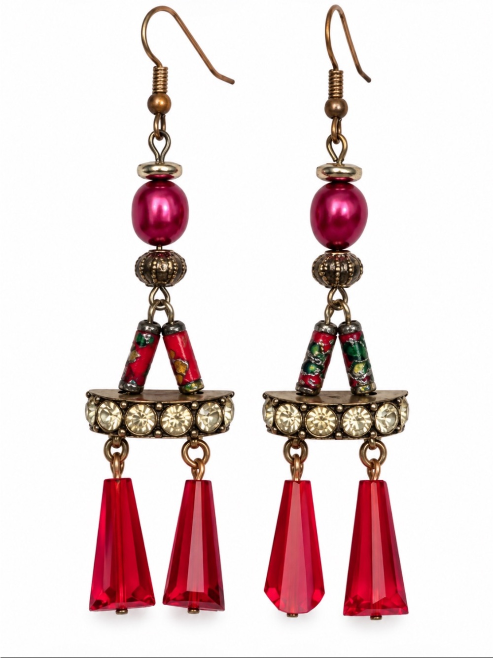 Cloisonné & Red Crystal Chandelier “VTG” Dangle Earrings